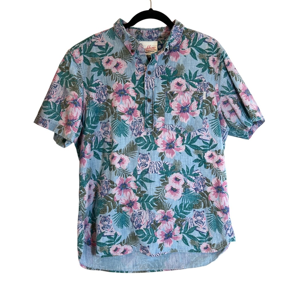 Chubbies Large Floral Tiger Mist Print Henley Shirt Short Sleeve Cotton Blue